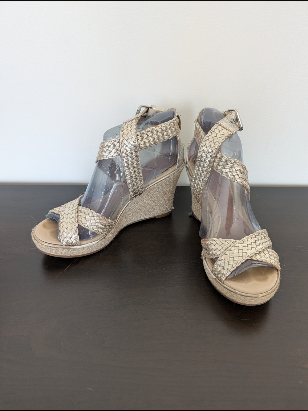 Woven Metallic Beige Wedge Sandals - Women's